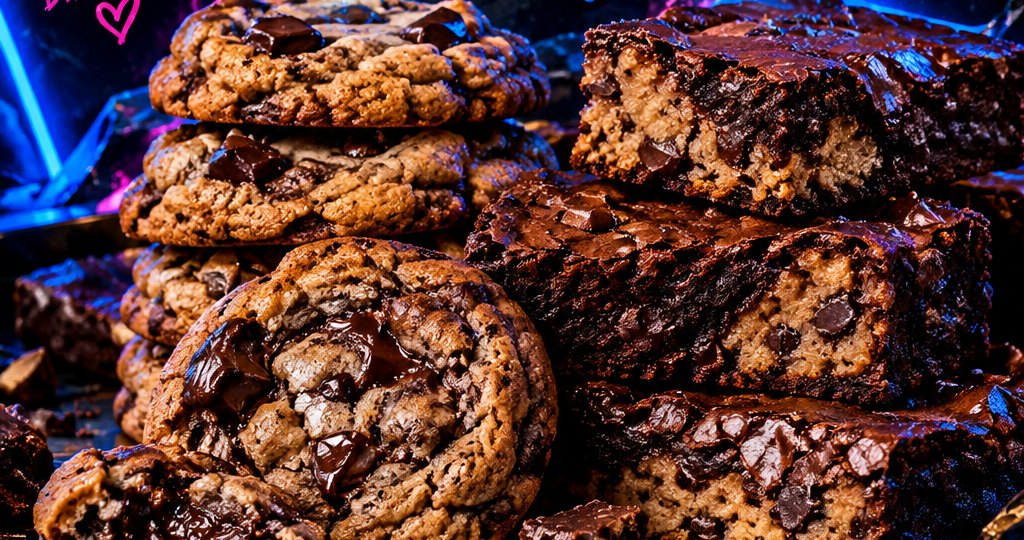 Stacks of chocolate chip cookies and fudgy brownies